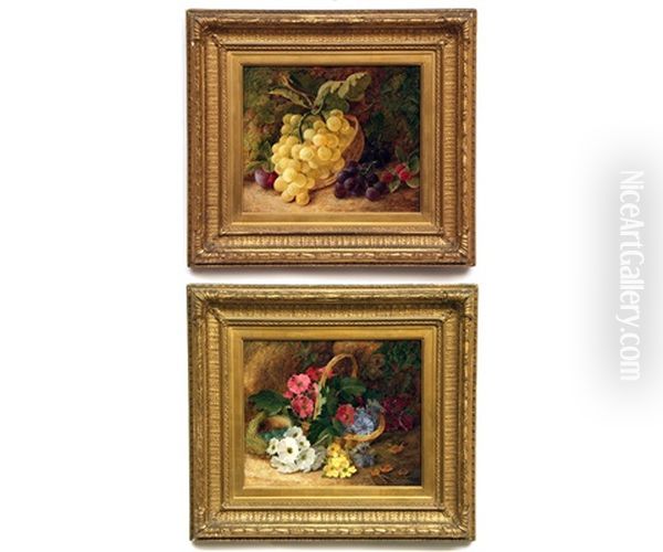 Still Life Studies Of Mixed Fruit, Mixed Flowers In A Basket (a Pair) - view 1