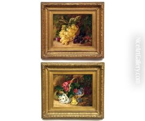 Still Life Studies Of Mixed Fruit, Mixed Flowers In A Basket (a Pair) by Vincent Clare