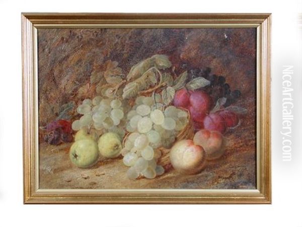 Still Life Of White And Black Grapes, Apples, Plums And Peaches; And Still Life Of Primroses, Apple Blossom, Geraniums And A Dunnock's Nest With Blue Eggs On A Mossy Bank (a Pair) - view 1