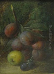 A Still Life Of Plums, Apple And Grapes A Still Life Of Plums, Apple And Grapes