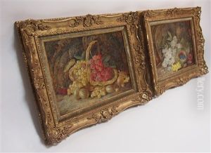 Basket Of Raspberries And Gooseberries By A Mossy Bank And Bird's Nest Among Flowers By A Mossy Bank (pair)