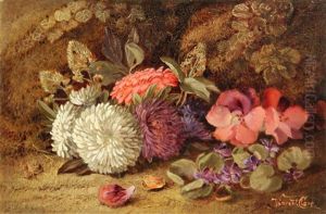 A Still Life Of Flowers On A Mossy Bank; Gooseberries, Currants, Strawberries And Cherries On A Mossy Bank (pair)