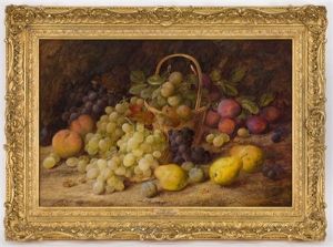 A Still Life With Pears, Grapes, Plums And Peaches In A Hooped Basket by Vincent Clare