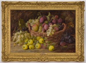 Fruit Still Life Consisting Of Apples, Plums, Quinces And Grapes In A Basket On A Mossy Bank by Vincent Clare