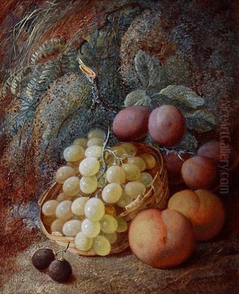 Green Grapes In A Basket, Plums, Peaches And Black Grapes Against A Mossy Bank - view 1