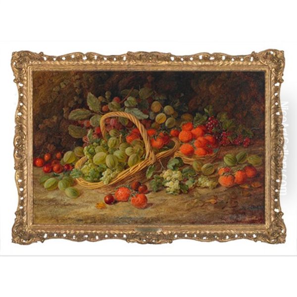 Gooseberries, Strawberries, Raspberries, Cherries And Grapes In Baskets On A Mossy Bank With Ivy - view 1
