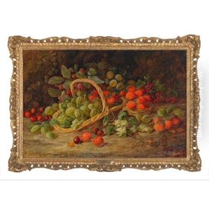 Gooseberries, Strawberries, Raspberries, Cherries And Grapes In Baskets On A Mossy Bank With Ivy by Vincent Clare