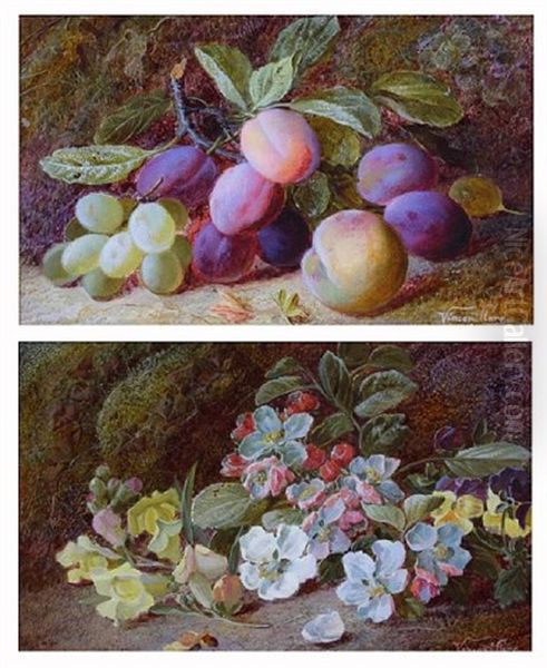 Green Grapes, Plums And A Peach (+ Dog Roses And Yellow Snapdragons; Pair) - view 1