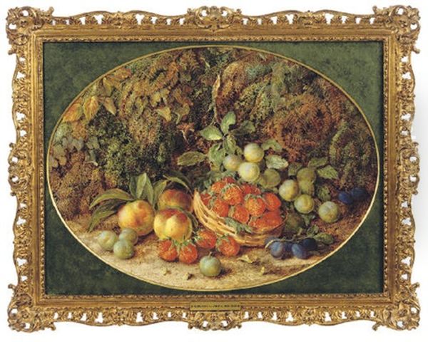 Plums, Peaches And Strawberries In A Basket Surrounded By Ivy And Ferns - view 1