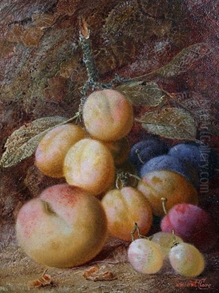 Still Life Of Plums, Grapes And A Peach On A Mossy Bank - view 1