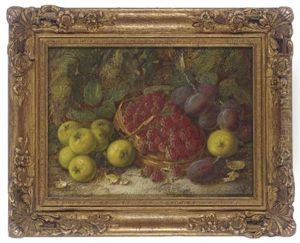 Apples, Plums And Raspberries On A Mossy Bank