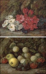 Plums, Grapes, Strawberries And Apples On A Mossy Bank (+ Flowers On A Mossy Bank; Pair) by Vincent Clare
