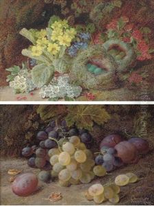 Primroses, Apple-blossom And A Bird's Nest On A Mossy Bank (+ Grapes And Plums On A Mossy Bank; Pair)