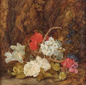 Still Life With White Roses, Primulas And Violets On A Mossy Bank