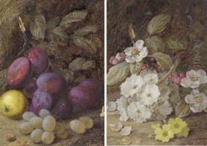 Still Life With Plums And Grapes (+ Still Life With Primulas; Pair) by Vincent Clare