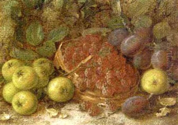 Crab-apples, Plums And Raspberries In A Basket On A Mossy Bank - view 1