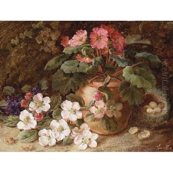 A Still Life With Primroses In A Vase And A Birds' Nest Behind - view 1