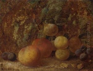 Peaches, Plums And Grapes On A Mossy Bank