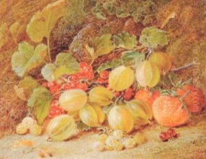 Goosberries, Strawberries And Redcurrants On A Mossy Bank by Vincent Clare