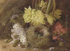 May Blossom, Violets, Primroses, Daffodils In A Wicker Basket, And Eggs In A Bird's Nest, On A Mossy Bank by Vincent Clare