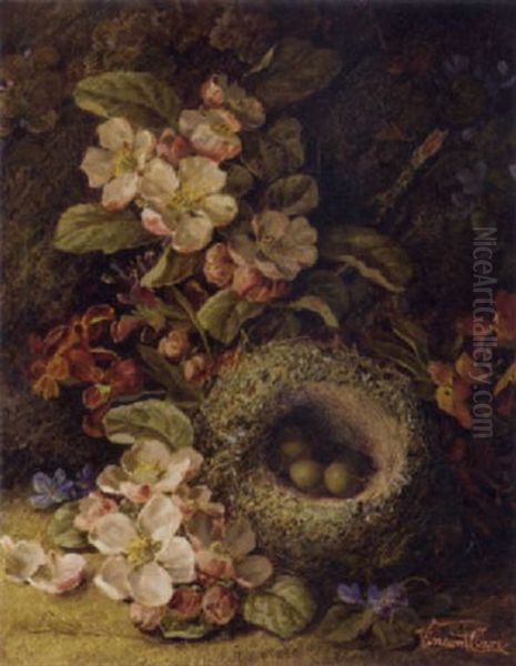 Pansies, Violets And A Bird's Nest With Eggs On A Mossy Bank - view 1