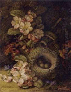 Pansies, Violets And A Bird's Nest With Eggs On A Mossy Bank by Vincent Clare