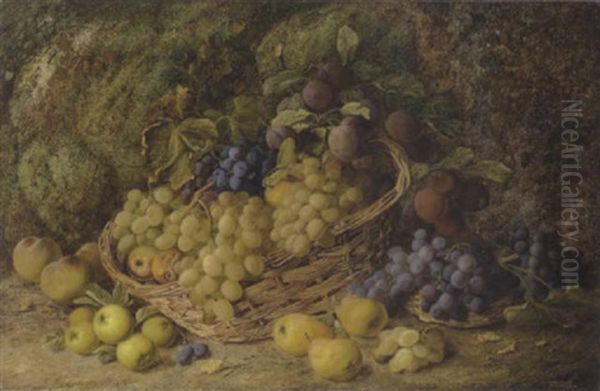 Grapes, Apples, Plums And Blueberries In A Wicker Basket, With Pears And Peaches On A Mossy Bank - view 1