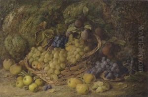 Grapes, Apples, Plums And Blueberries In A Wicker Basket, With Pears And Peaches On A Mossy Bank by Vincent Clare