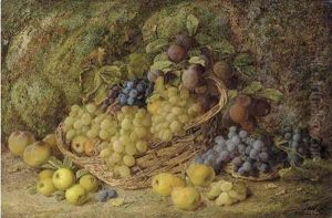 Grapes, Apples, Plums, And Blueberries In A Wicker Basket, With Pears And Peaches On A Mossy Bank by Vincent Clare