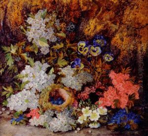 Still Life Of A Bird's Nest And Flowers On A Mossy Bank