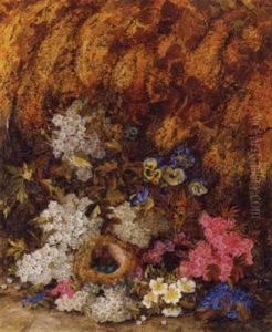 Spring Blossom And A Bird's Nest With Eggs On A Mossy Bank by Vincent Clare