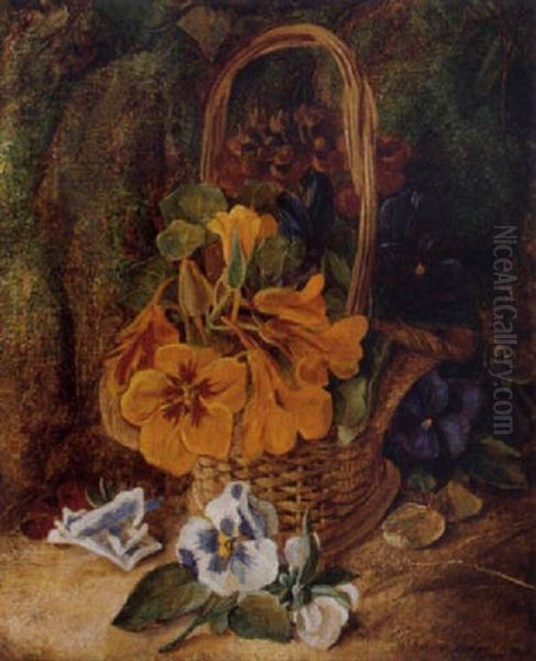 Pansies And Nasturtiums In A Wicker Basket, On A Mossy Bank - view 1