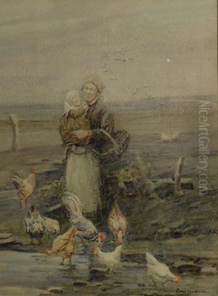 Mother And Child With Chickens On The Foreshore - view 1