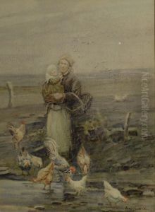 Mother And Child With Chickens On The Foreshore by Tom Anderton