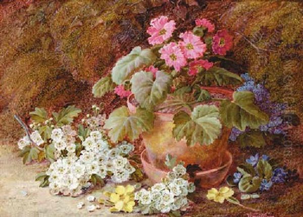 A Geranium In A Flower Pot With Primoses, May Blossom And African Violets On A Mossy Bank - view 1