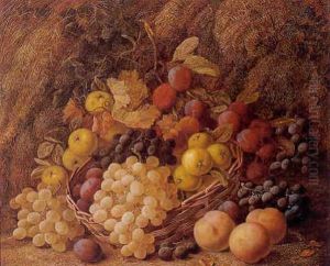 Pommes, Peches, Prunes, Raisins Blancs Et Noirs Et Panier Renverse Pommes, Peches, Prunes, Raisins Blancs Et Noirs Et Panier Renverse