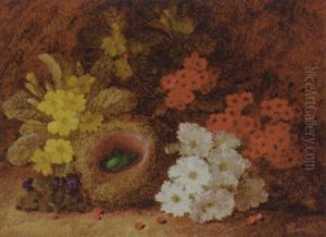 Primroses, Primulas, And Violets With A Bird's Nest, On A Mossy Bank by Vincent Clare
