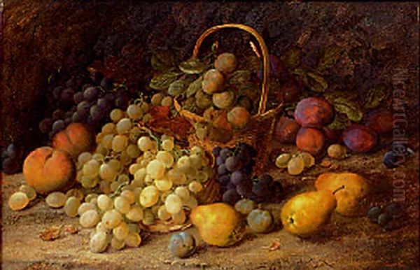Pears, Grapes, Greengages, Plums And Peaches In A Hooped Basket On A Mossy Bank - view 1