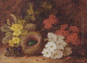 Primroses, Primulas And Violets With A Bird's Nest, On A Mossy Bank