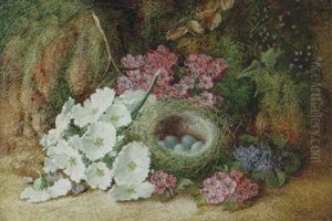 Primroses, Blossom And A Bird's Nest by Vincent Clare