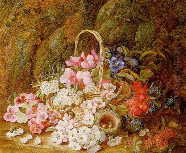 Still Life With A Basket Of Blossom, Pansies, And A Birds Nest - view 1