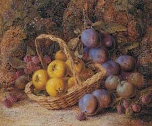 Still Life Of Apples In A Basket, Raspberries And Plums On A Mossy Bank by Vincent Clare