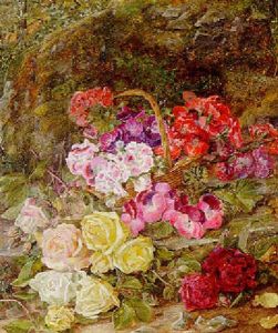 Geraniums And Sweet Peas, In A Wicker Basket With Roses On A Mossy Bank