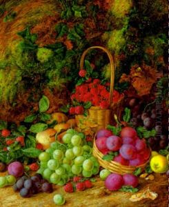 Flowers In A Wicker Basket, With A Bird's Nest On A Mossy Bank by Vincent Clare