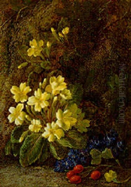 Primroses, Pansies And Rosehips On A Mossy Bank - view 1