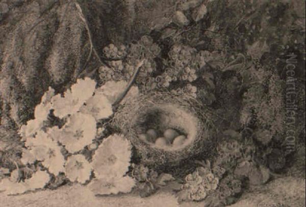 Still Life With Bird's Nest, Primroses And Blossom On Mossy Bank - view 1