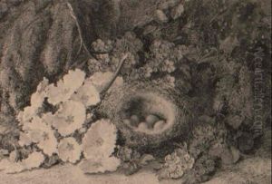 Still Life With Bird's Nest, Primroses And Blossom On Mossy Bank