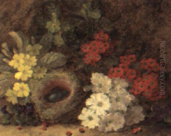 Primroses, Primulas And Violets With A Bird's Nest On A Mossy Bank - view 1