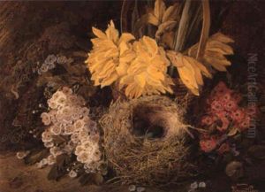 Still Life Of A Bird's Nest, A Basket Of Daffodils, Violets And Apple Blossom by Vincent Clare