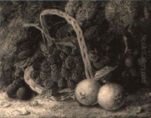A Still Life Of Raspberries, Apples And Black Grapes In A Basket by Vincent Clare